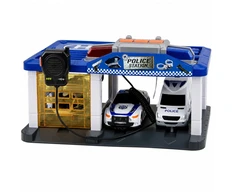 Lean Toys Policijos garažas su automobiliais ir sraigtasparniu, mėlynas ir baltas, 32 × 17 × 21 cm