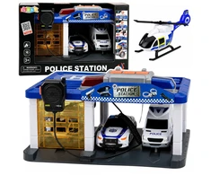 Lean Toys Policijos garažas su automobiliais ir sraigtasparniu, mėlynas ir baltas, 32 × 17 × 21 cm