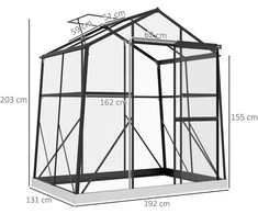 Outsunny aliuminis šiltnamis, 2,51 m², su langu, stumdomomis durimis ir pamatu, juodas, 131x192x203cm