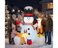 Pripučiama kalėdinė dekoracija su sniego seniu ir 2 elniais, LED apšvietimas, balta, ruda, juoda ir raudona, 180 × 135 × 215 cm