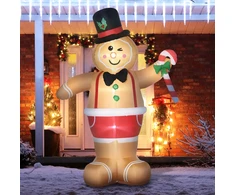 Pripučiama Kalėdų dekoracija – meduolinis žmogeliukas su saldainine lazdele ir LED apšvietimu, ruda, 175 × 82 × 238 cm