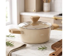 Puodas su keramine danga ir stikliniu dangčiu, smėlio spalvos, 20 cm