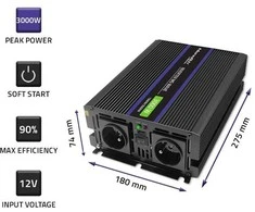QOLTEC 51927 Monolitinis įtampos keitiklis 3000 MS Wave / 12V iki 230V / 1500/3000 / USB
