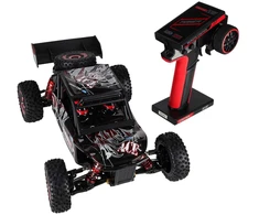 RC automobilis WLToys 124016 4WD su bešepetėliu varikliu, juodas su raudonais ir sidabriniais elementais, 35 × 21 × 13 cm