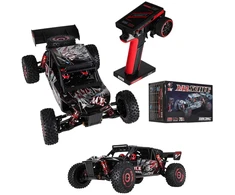 RC automobilis WLToys 124016 4WD su bešepetėliu varikliu, juodas su raudonais ir sidabriniais elementais, 35 × 21 × 13 cm