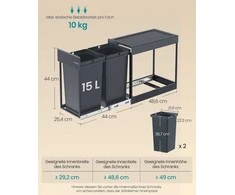 Songmics Šiukšliadėžė su dviem skyriais 48,6 × 25,4 × 44 cm pilka