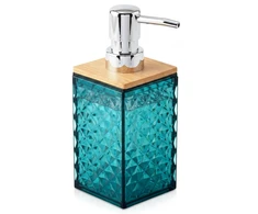 Skysto muilo dozatorius su bambukiniu dangteliu, turkio spalvos, 7 × 7 × 17 cm, 300 ml