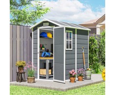 Outsunny sodo namelis 2,1m², vandeniui atsparus namelis su grindimis ir šlaitiniu stogu, 131x186x198/172 cm, rakinamas įrankių namelis su langu, aliumininė garažo tipo saugykla dviračiams, pilka