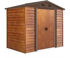 Outsunny metalinis sodo namelis, medžio imitacija, 3 m², 152 x 235,7 x 208,7 cm, įrankių pašiūrė su dvišlaičiu stogu, langu ir dvigubomis stumdomomis durimis, atsparus oro sąlygoms, lauko sandėliukas kiemui, rudas