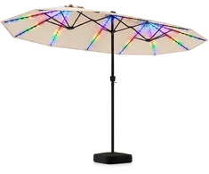 Sodo skėtis dvipusis su 144 LED lemputėmis, smėlio spalvos, 436 × 258 × 254 cm