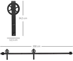 HOMCOM stumdomų durų furnitūros komplektas 200 cm, pilnas komplektas su bėgeliais, ratukais, bėgelių stabdikliais, grindų kreipiančiąja, durų varžtų rinkiniu, anglinio plieno stumdomų durų sistema, juodas