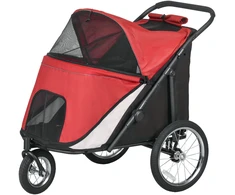 PawHut sulankstomas vežimėlis šunims/katėms su tinklelio langais, saugos pavadėliu, dideliais guminiais ratais, vidutiniams ir dideliems šunims iki 30 kg, Oksfordo audinys, raudonas