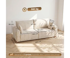 Trivietė sofa su aksominiu apmušalu, kreminė, 220 x 86 x 84 cm