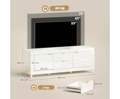 TV staliukas HOMCOM TV-Schrank für Fernseher bis zu 75 col., modernes Entertainment-Center mit 2 Schränken und 2 Schubladen, Hochglanz Weiß