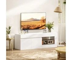 TV staliukas su 2 durelėmis ir atvira lentyna, baltas, 140 × 40 × 48 cm