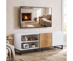 TV staliukas su reguliuojamomis lentynomis ir kabelių angomis, baltas ir ąžuolo spalvos, 140 × 36,5 × 50 cm