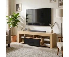 TV staliukas su reguliuojamomis stiklo lentynomis ir stalčiumi, ąžuolo spalvos ir juodas, 140 × 40 × 45 cm