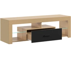 TV staliukas su reguliuojamomis stiklo lentynomis ir stalčiumi, ąžuolo spalvos ir juodas, 140 × 40 × 45 cm