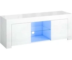 TV staliukas HOMCOM Televizoriaus spintelė su LED apšvietimu, 2 durelėmis, stikliniu skyriumi, kabelių angomis, svetainei, medžio drožlių plokštė, balta
