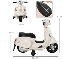 HOMCOM VESPA elektrinis motociklas vaikams, 18-36 mėn., 3 km/h, LED šviesa &amp; garsas, PP plastikas &amp; metalas, baltas, 66,5x38x52cm