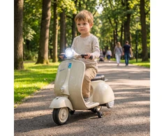 Vaikiškas elektrinis motociklas, VESPA licencijuotas, su nuimamais atraminiais ratukais, baltas, 81 × 37 × 63 cm