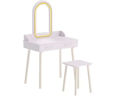 Vaikiškas kosmetinis staliukas su LED veidrodžiu ir 2 stalčiais, daugiaspalvis, 60 × 36 × 100 cm, 2 dalių rinkinys