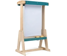 Vaikiškas molbertas su skaidria lenta ir popieriaus ritiniu, natūralios medienos ir žalios spalvos, 64,8 × 44,5 × 110,5 cm