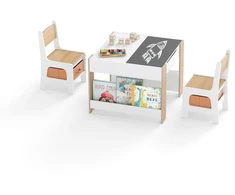 Vaikiškas stalas su 2 kėdėmis, apverčiamais stalviršiais, baltos ir natūralios spalvų, 61,5 × 61,5 × 48 cm