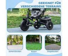 HOMCOM 6-in-1 triratis su stumiamąja rankena, vaikiškas triratis su nuimamu stogeliu nuo saulės, pagalvėle, stumdukas su 5 taškų saugos diržais, krepšeliu, puodelių laikikliu, skirtas 1-5 metų vaikams, pilkas
