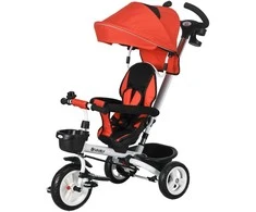 HOMCOM 6 viename triratukas su stūmimo rankena, vaikiškas triratukas su saugos diržu, sulankstomas, nuimamas stogelis nuo saulės, gėrimų laikiklis, krepšelis, pedalas, iki 25 kg, skirtas 1-5 metų vaikams, raudonas