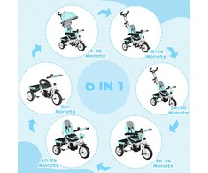 HOMCOM 6-in-1 triratukas su stumiamąja rankena, vaikų triratukas su nuimamu stogeliu nuo saulės, su 5 taškų saugos diržais, krepšiu, gėrimų laikikliu, skirtas 1-5 metų vaikams, žalias