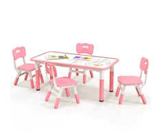 Vaikiškų kėdžių ir stalo komplektas su reguliuojamu aukščiu ir piešimo stalviršiu, rožinis, 119,4 × 59,7 × 48–59,9 cm, 4 vietų