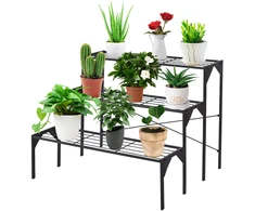 Vazonų stovas, trijų aukštų, plieno, juodas, 86,4 × 66 × 66 cm