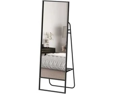 HOMCOM viso kūno veidrodis 157 x 50 cm, stačiakampis pastatomas veidrodis su lentyna, 2 kabliukais ir metaliniu rėmu, didelis veidrodis miegamajam, svetainei, prieškambariui, Juodas