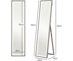 HOMCOM viso ūgio veidrodis 40 x 160 cm, pastatomas veidrodis su LED apšvietimu, 3 šviesos spalvos, sieninis veidrodis su jutikliniu valdymu, grindinis veidrodis miegamajam, svetainei, pilkas
