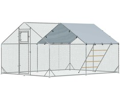 PawHut plieno vištidės lauko aptvaras, 300 x 400 x 195 cm vištų narvas su UV spinduliams atspariu stogeliu, durelėmis lesalui, pakabinama lesykla, laktomis, aptvaras 12–18 vištų, smulkiems gyvūnams, sidabrinės spalvos