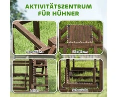 PawHut medinė vištų žaidimų aikštelė, vištų žaidimų kompleksas su laktomis, sūpynėmis, kopėčiomis ir platformomis, laipynė 3 vištoms, ruda