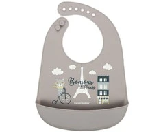 Canpolbabies CANPOL BABIES silikoninis seilinukas su kišene BONJOUR PARIS, tamsiai smėlio spalvos, 74/027_bei
