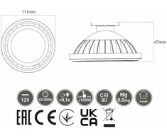 GTV LED lemputė, AR111, 3000k, G53, 12,5 W, DC12V, 120°, 1100lm, Juoda