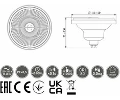 GTV LED lemputė, es111, 3000K, GU10, 11,0 W, AC220-240V, 25°, 850lm, 96ma, Chromas