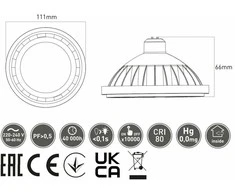 GTV LED lemputė, es111, 3000K, GU10, 12,5 W, AC220-240V, 120°, 1100lm, 109ma, balta