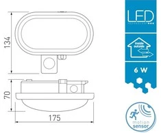 Sieninis šviestuvas GTV LED pertvarinis šviestuvas DELTA 6W OVAL su jutikliu, 6W, 400lm, AC220-240V, 50/60 Hz, PF>