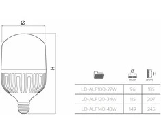 LED lemputė F140 43W, 4600lm, E40, AC 230V 50/60 4000K, LD-ALF140-43W, GTV