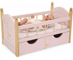 Arias medinė lėlių lovytė su stalčiumi ir patalyne, rožinė (iki 45 cm)