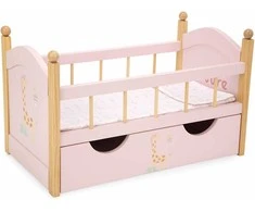 Arias medinė lėlių lovytė su stalčiumi ir patalyne, rožinė (iki 45 cm)