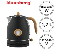 Klausberg Elektrinis virdulys su termometru, nerūdijančio plieno, juodas su medžio detalėmis, 1,7 l, 2200 W, K