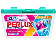 PERLUX skysto skalbiklio kapsulės spalvotiems audiniams, 26 vnt. Dėžėje 8 pakuotės.