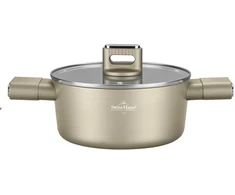 Presuotas aliumininis puodas su stikliniu dangčiu, 20 cm, 2,6 l, šampanės spalvos