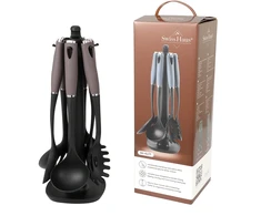 Swiss Haus SH-KU7T 7-Piece Kitchen Utensil Set with Rotating Holder, Taupe