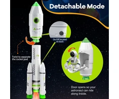 Kosminė raketa su kosmonautu ir dūmų ir šviesos efektais